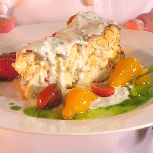 Crab and Corn Cheesecake with a Green Onion Coulis